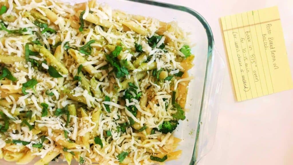 pasta al pesto bake with roasted broccoli