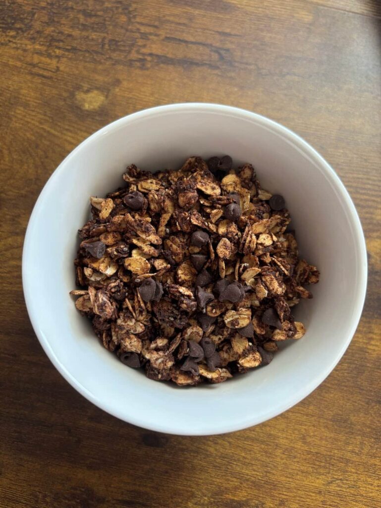 dark chocolate granola in a bowl